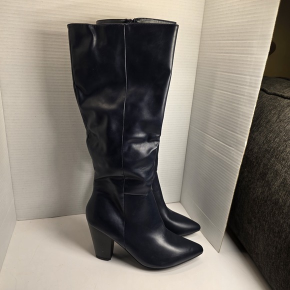 JustFab LIA Knee High Boots Navy Blue Faux Leather Block Heel Size 10 - Picture 3 of 7